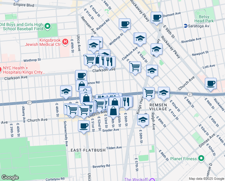 map of restaurants, bars, coffee shops, grocery stores, and more near 150 East 55th Street in Brooklyn