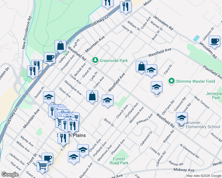 map of restaurants, bars, coffee shops, grocery stores, and more near 2091 Westfield Avenue in Scotch Plains