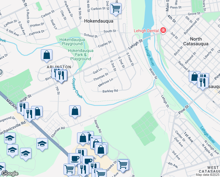 map of restaurants, bars, coffee shops, grocery stores, and more near 3341 Barklay Road in Hokendauqua