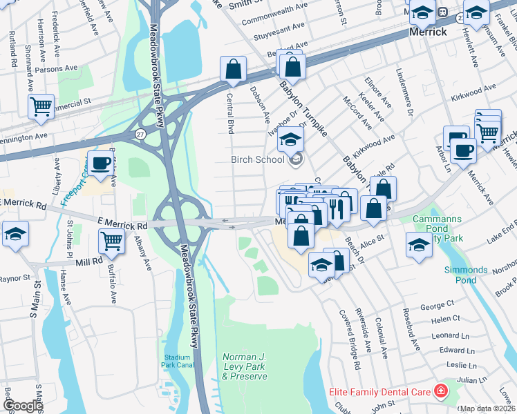 map of restaurants, bars, coffee shops, grocery stores, and more near 1732 Westmoreland Road in Merrick
