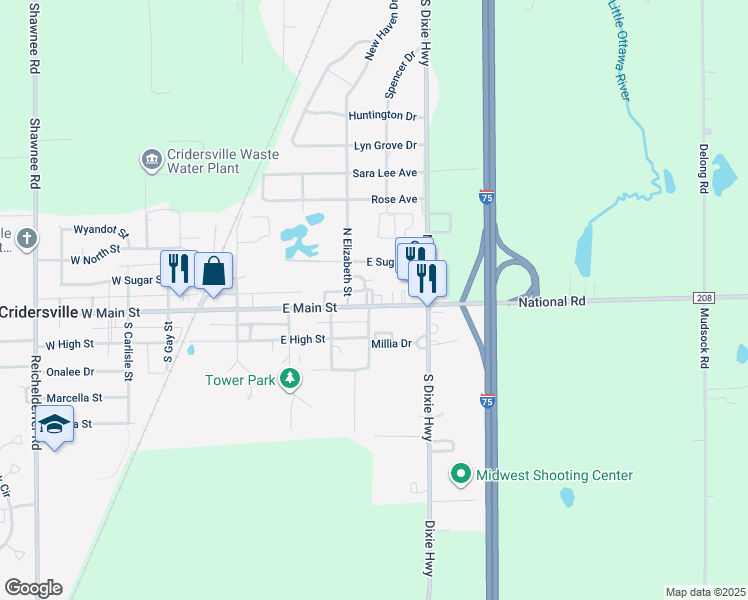 map of restaurants, bars, coffee shops, grocery stores, and more near 601 East Main Street in Cridersville