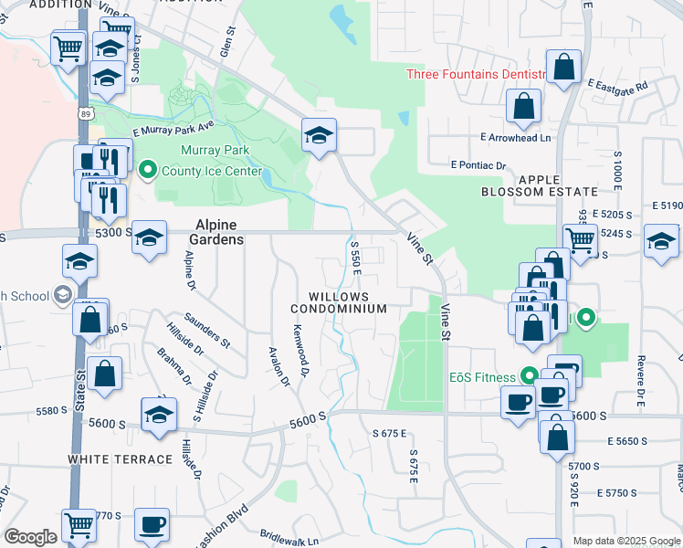 map of restaurants, bars, coffee shops, grocery stores, and more near 436 South 550 East in Murray