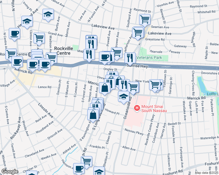 map of restaurants, bars, coffee shops, grocery stores, and more near 510 Merrick Road in Rockville Centre