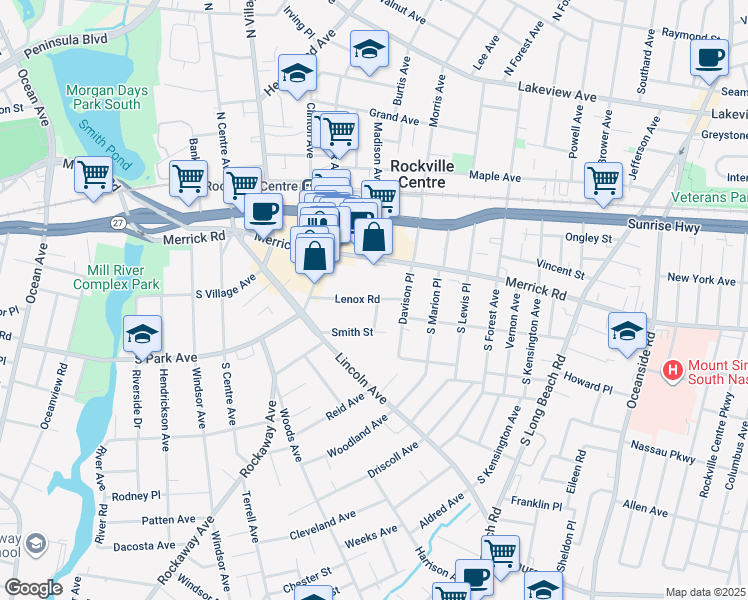 map of restaurants, bars, coffee shops, grocery stores, and more near 50 Lenox Road in Rockville Centre