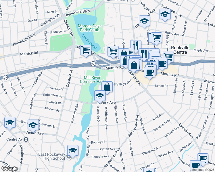 map of restaurants, bars, coffee shops, grocery stores, and more near 109 South Village Avenue in Rockville Centre
