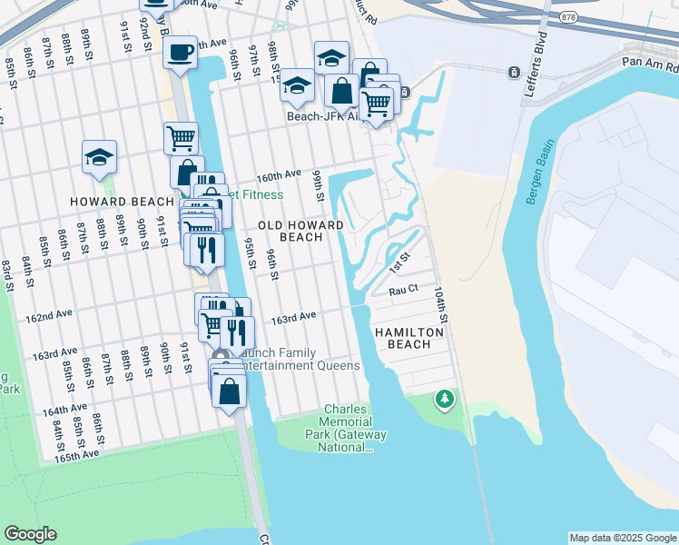 map of restaurants, bars, coffee shops, grocery stores, and more near 162-11 99th Street in Queens