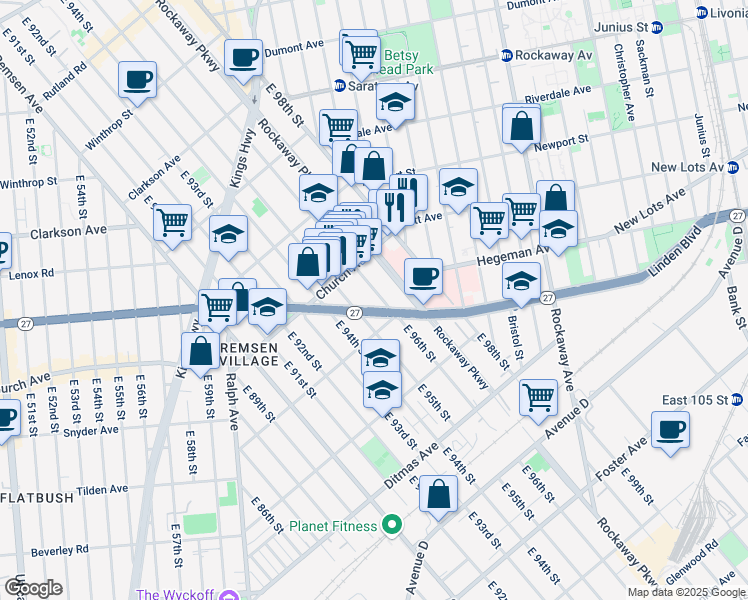 map of restaurants, bars, coffee shops, grocery stores, and more near 567 East 96th Street in Brooklyn