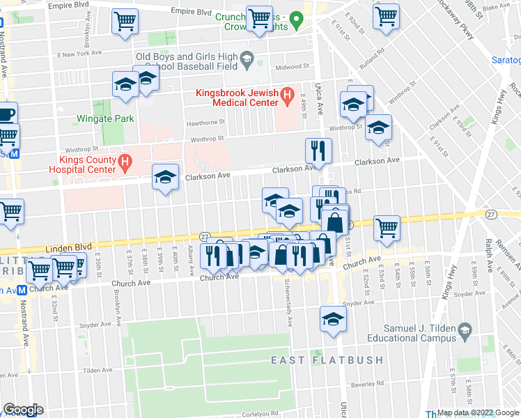 map of restaurants, bars, coffee shops, grocery stores, and more near 302 East 46th Street in Brooklyn