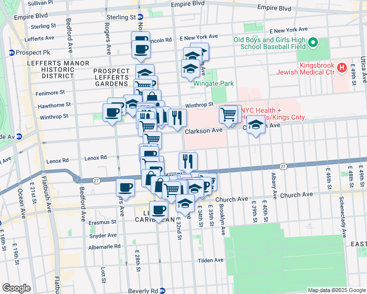 map of restaurants, bars, coffee shops, grocery stores, and more near 395 Lenox Road in Brooklyn