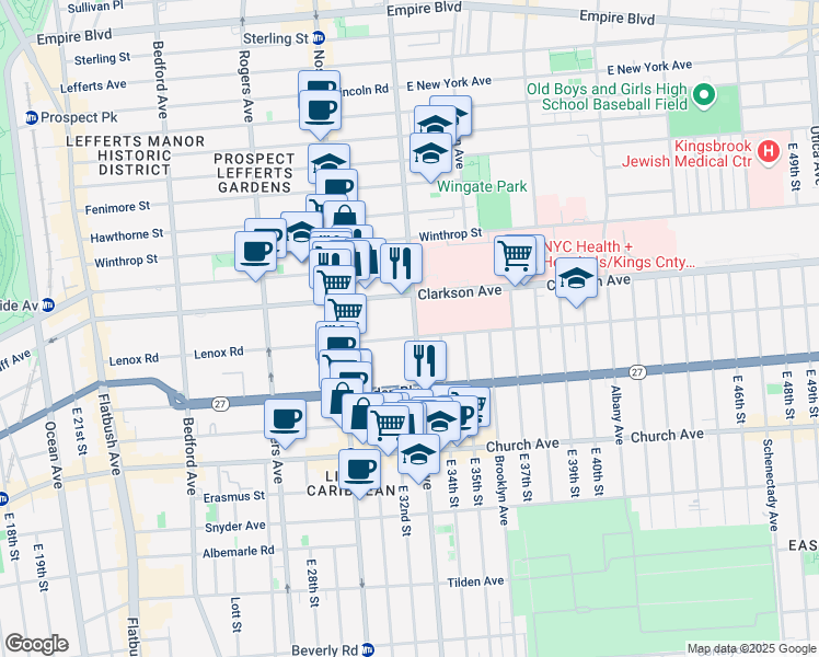 map of restaurants, bars, coffee shops, grocery stores, and more near 395 Lenox Road in Brooklyn
