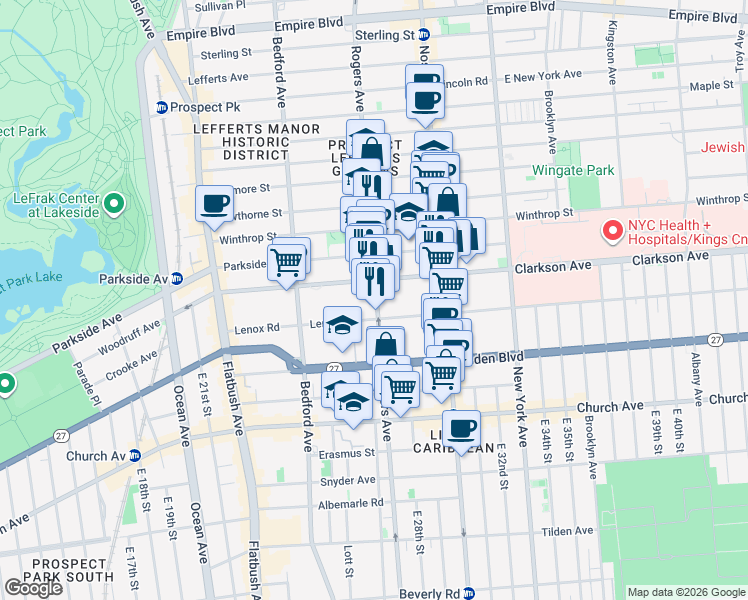 map of restaurants, bars, coffee shops, grocery stores, and more near 690 Rogers Avenue in Brooklyn