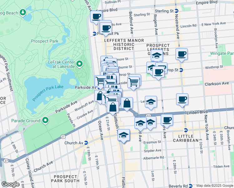 map of restaurants, bars, coffee shops, grocery stores, and more near 2123 Lenox Road in Brooklyn