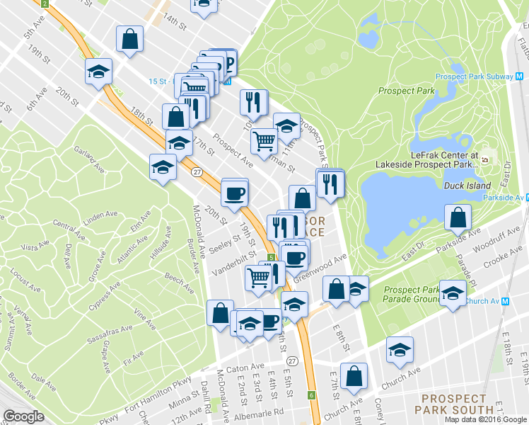map of restaurants, bars, coffee shops, grocery stores, and more near 151 Seeley Street in Brooklyn