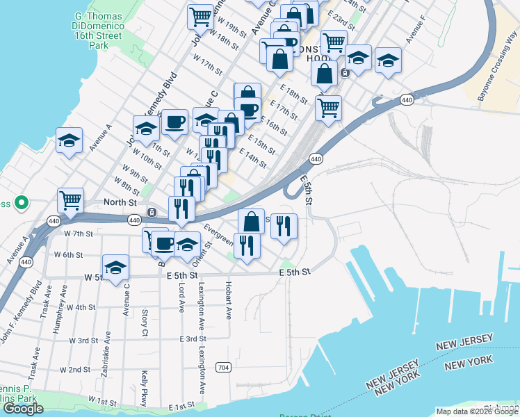 map of restaurants, bars, coffee shops, grocery stores, and more near 6 West Oak Court in Bayonne