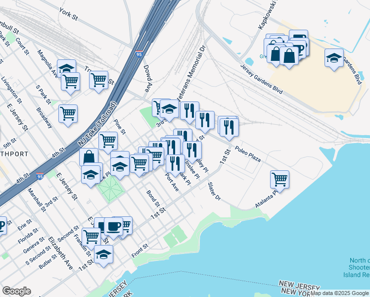 map of restaurants, bars, coffee shops, grocery stores, and more near 315 Second Street in Elizabeth