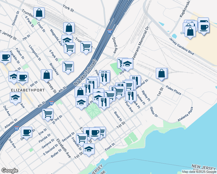 map of restaurants, bars, coffee shops, grocery stores, and more near 251 Pine Street in Elizabeth