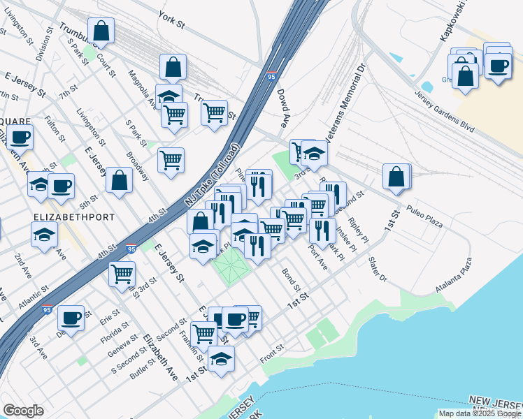 map of restaurants, bars, coffee shops, grocery stores, and more near 251 Pine Street in Elizabeth