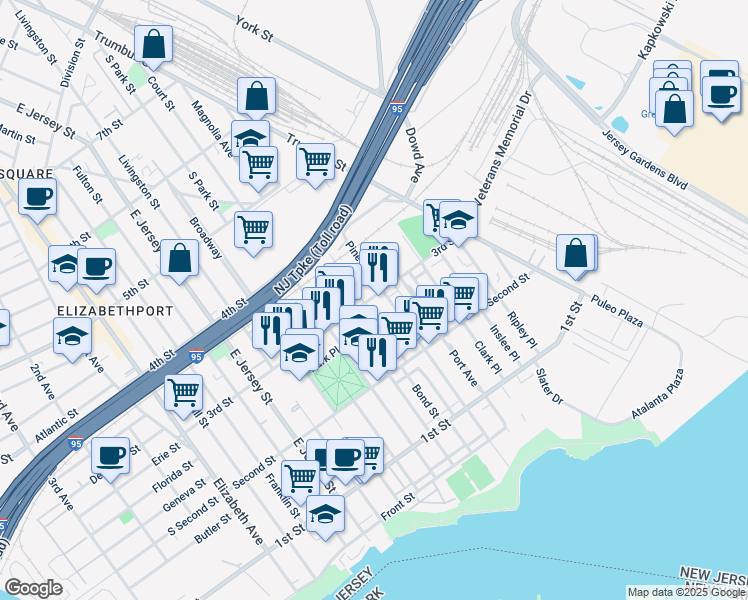 map of restaurants, bars, coffee shops, grocery stores, and more near 210 3rd Street in Elizabeth