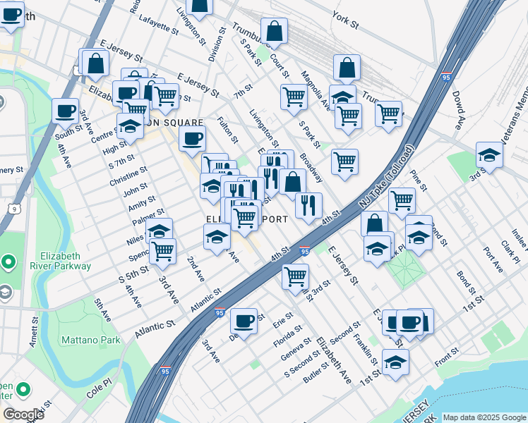 map of restaurants, bars, coffee shops, grocery stores, and more near 451 Franklin Street in Elizabeth