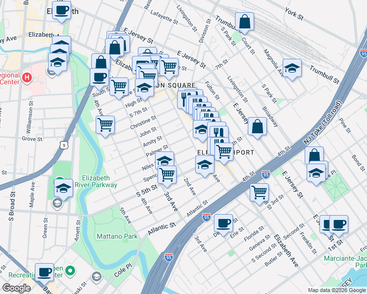 map of restaurants, bars, coffee shops, grocery stores, and more near 534 1st Avenue in Elizabeth