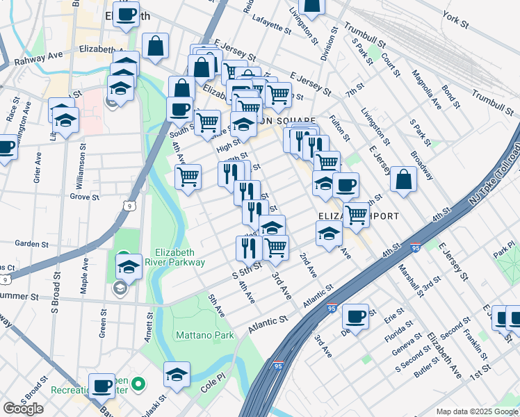 map of restaurants, bars, coffee shops, grocery stores, and more near 221 Palmer Street in Elizabeth