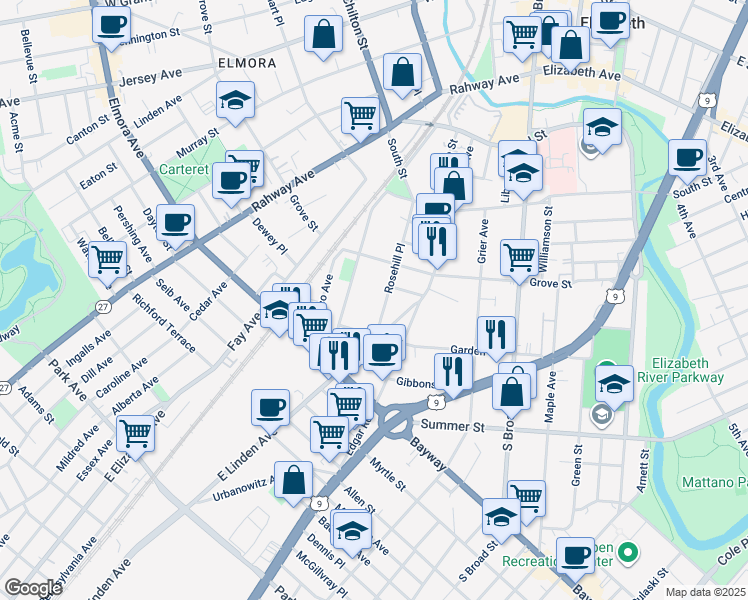 map of restaurants, bars, coffee shops, grocery stores, and more near 432 Rosehill Place in Elizabeth