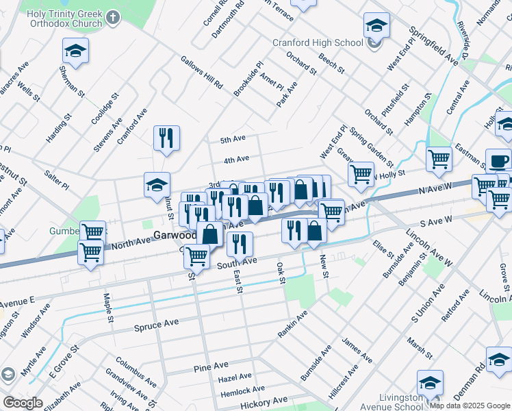 map of restaurants, bars, coffee shops, grocery stores, and more near 209 2nd Avenue in Garwood