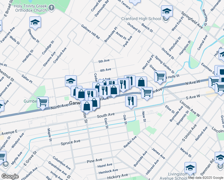 map of restaurants, bars, coffee shops, grocery stores, and more near 209 2nd Avenue in Garwood