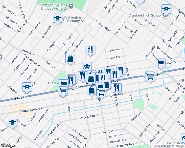map of restaurants, bars, coffee shops, grocery stores, and more near 202 Walnut Street in Garwood