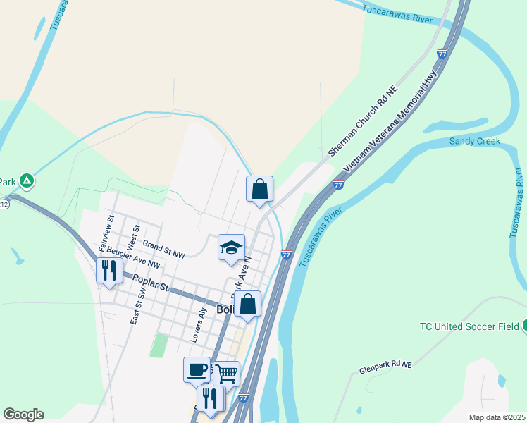 map of restaurants, bars, coffee shops, grocery stores, and more near 340 Park Avenue Southwest in Bolivar