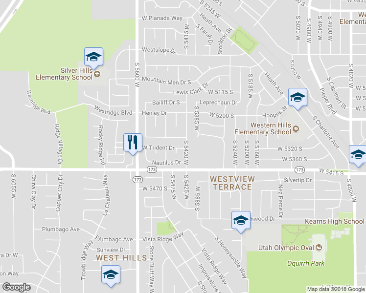 map of restaurants, bars, coffee shops, grocery stores, and more near 5432 West Trident Drive in Kearns