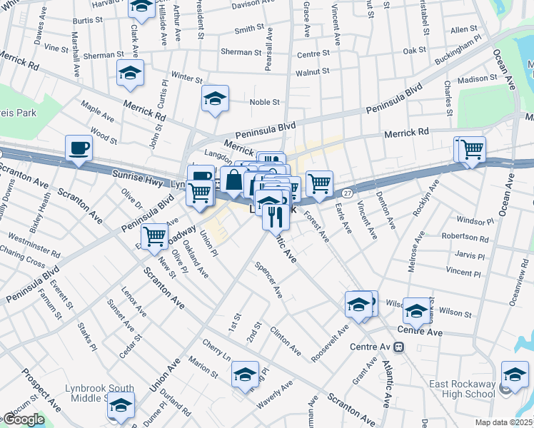 map of restaurants, bars, coffee shops, grocery stores, and more near in Lynbrook