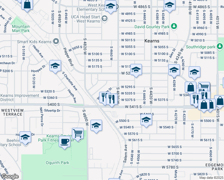 map of restaurants, bars, coffee shops, grocery stores, and more near 4661 West Caplan Street in Salt Lake City