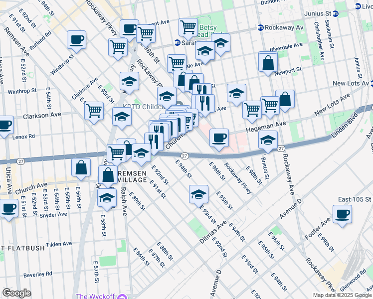 map of restaurants, bars, coffee shops, grocery stores, and more near 547 East 95th Street in Brooklyn