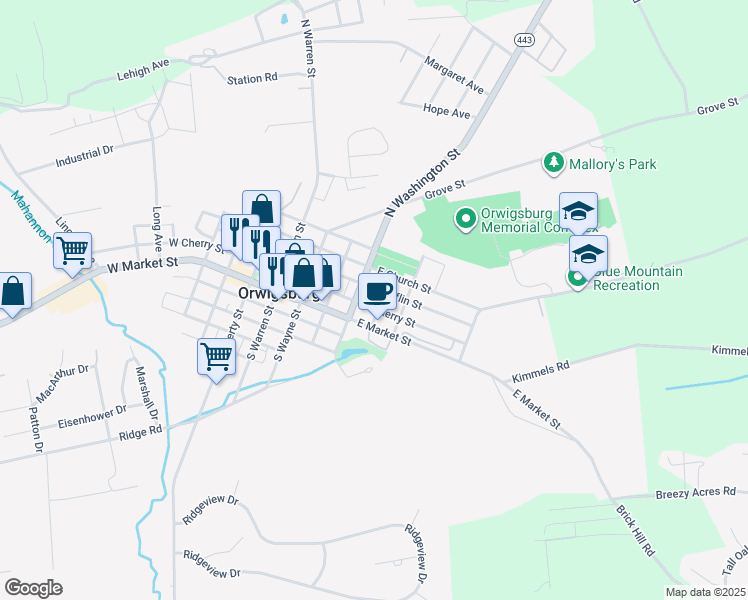 map of restaurants, bars, coffee shops, grocery stores, and more near 127 Columbia St in Orwigsburg