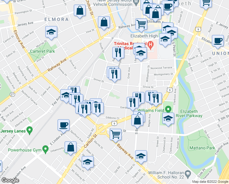 map of restaurants, bars, coffee shops, grocery stores, and more near 23 Boyle Place in Elizabeth