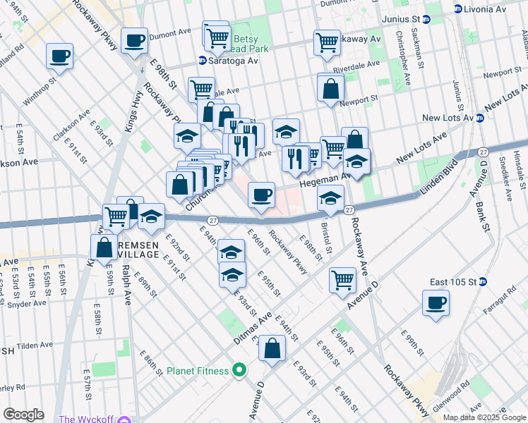 map of restaurants, bars, coffee shops, grocery stores, and more near 1275 Linden Boulevard in Brooklyn