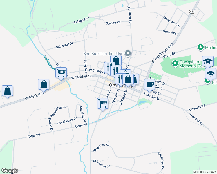 map of restaurants, bars, coffee shops, grocery stores, and more near 122 South Liberty Street in Orwigsburg