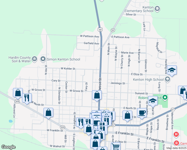map of restaurants, bars, coffee shops, grocery stores, and more near 532 North Market Street in Kenton