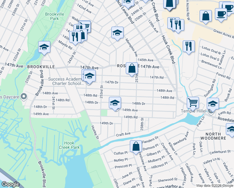 map of restaurants, bars, coffee shops, grocery stores, and more near 255-03 148th Road in Queens