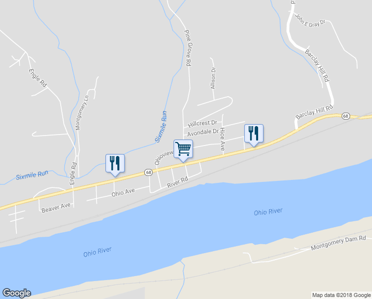 map of restaurants, bars, coffee shops, grocery stores, and more near 1299 Ohioview Drive in Industry