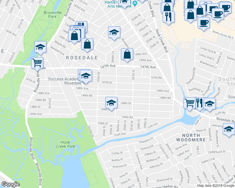 map of restaurants, bars, coffee shops, grocery stores, and more near 255-03 148th Road in Queens