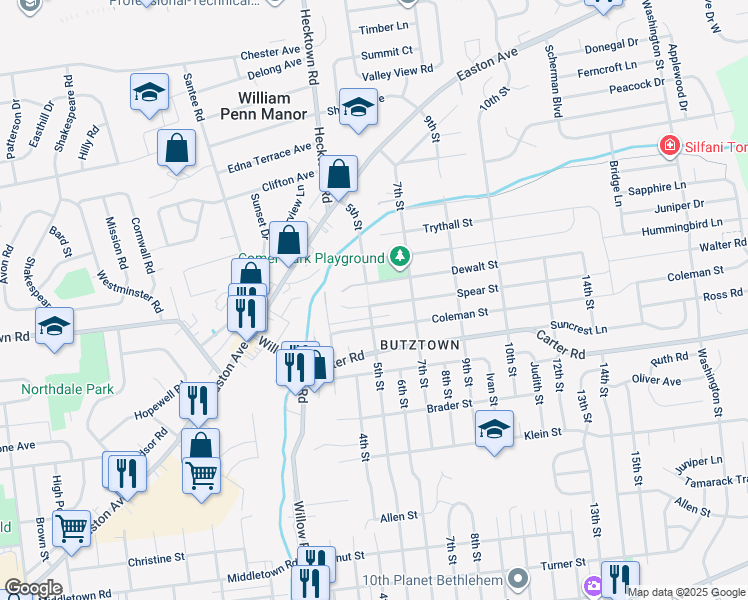 map of restaurants, bars, coffee shops, grocery stores, and more near 3501 Spear Street in Bethlehem