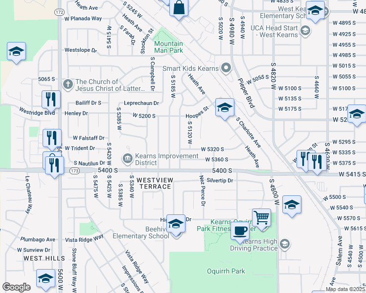 map of restaurants, bars, coffee shops, grocery stores, and more near 5148 West 5320 South in Kearns