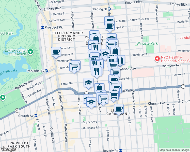 map of restaurants, bars, coffee shops, grocery stores, and more near 690 Rogers Avenue in Brooklyn