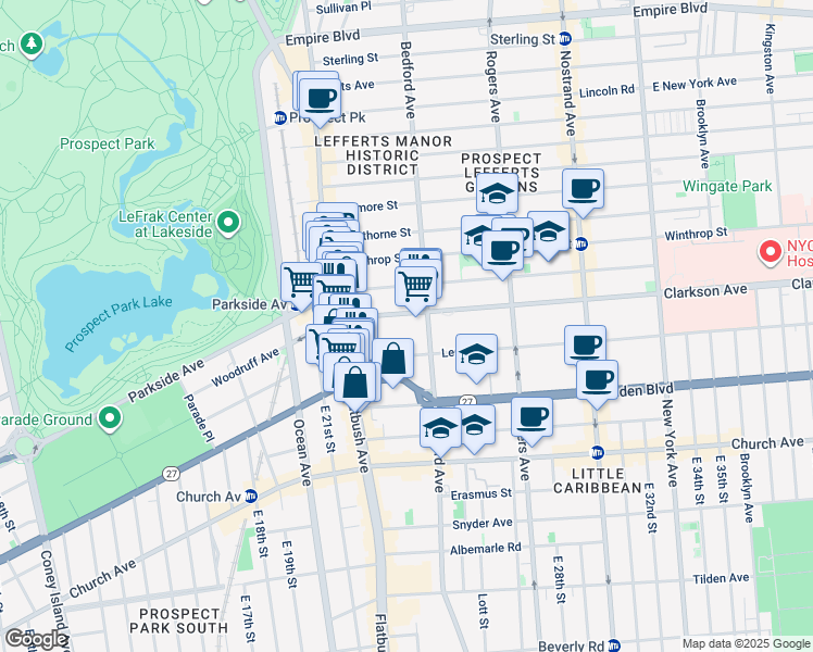map of restaurants, bars, coffee shops, grocery stores, and more near 80 Clarkson Avenue in Brooklyn