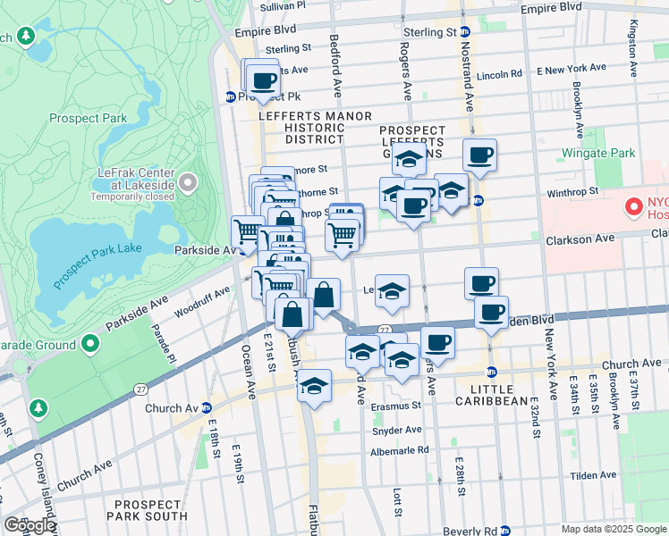 map of restaurants, bars, coffee shops, grocery stores, and more near 80 Clarkson Avenue in Brooklyn
