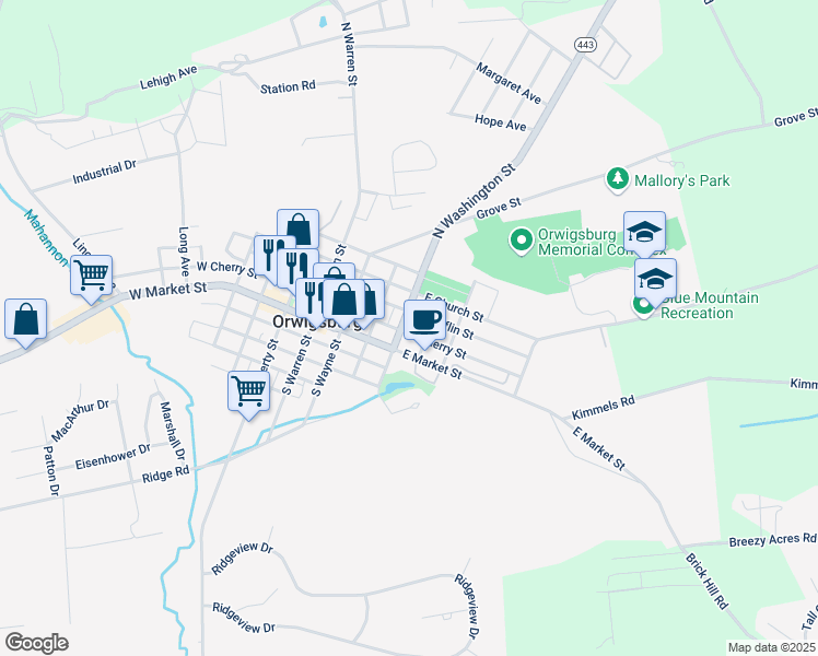 map of restaurants, bars, coffee shops, grocery stores, and more near 122 North Washington Street in Orwigsburg