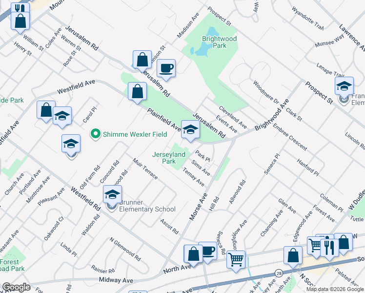 map of restaurants, bars, coffee shops, grocery stores, and more near 2394 Hamlette Place in Scotch Plains