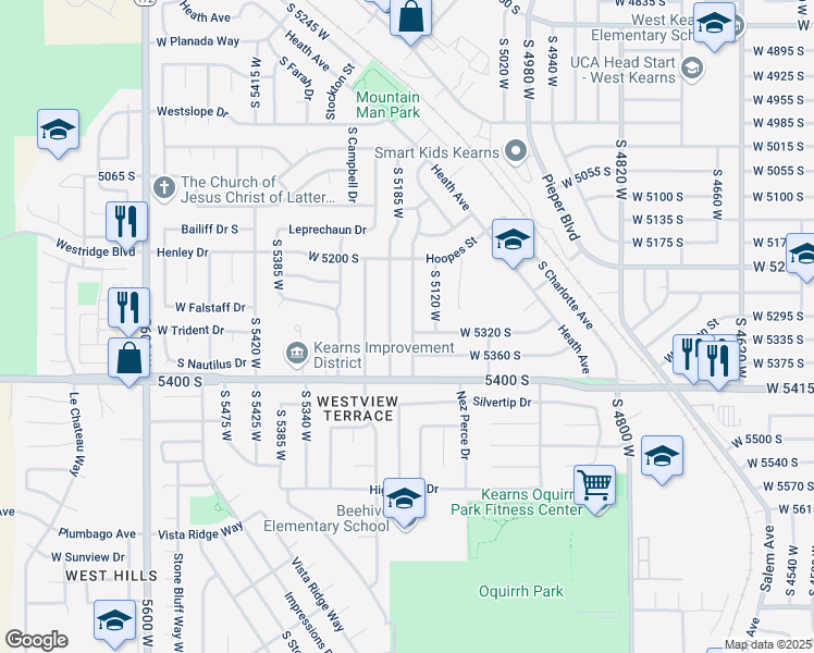map of restaurants, bars, coffee shops, grocery stores, and more near 5312 South 5160 West in Salt Lake City